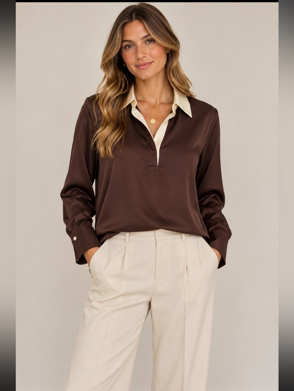 NWT Rachel Zoe Brown Satin Blouse Cream Collar Cuffs Size S